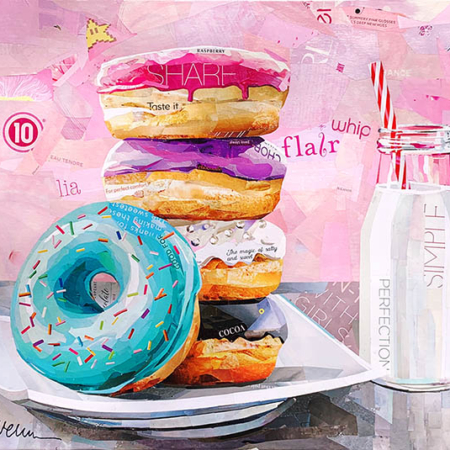 collage of donuts and milk, boston art by collage artist Betsy Silverman