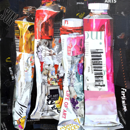 recycled magazine collage of four paint tubes by Betsy Silverman