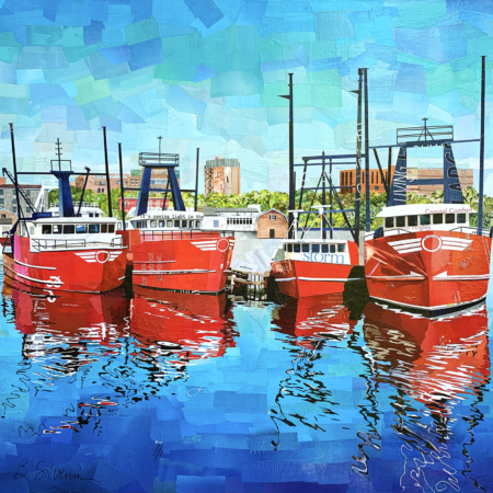 Four red fishing boats collage by Betsy Silverman