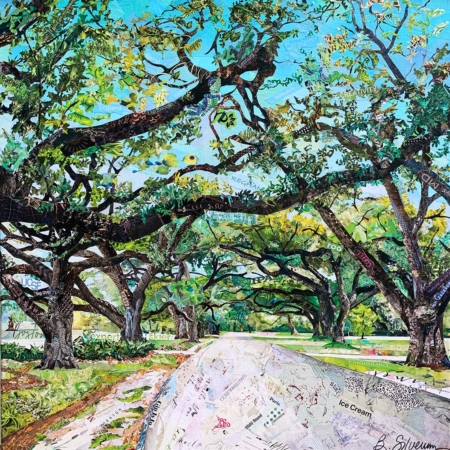 magazine collage of live oaks by artist Betsy Silverman
