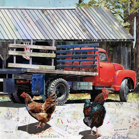 Collage with truck and roosters by Betsy Silverman